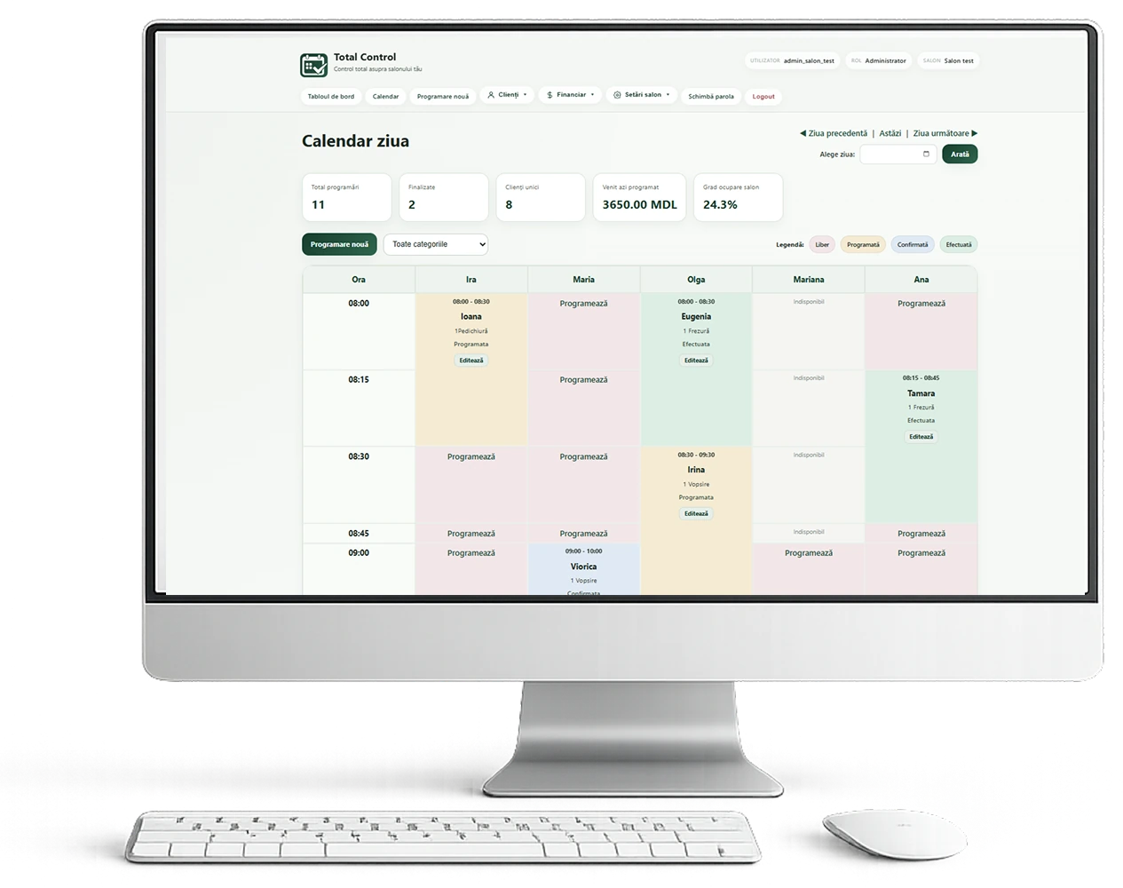 Calendarul aplicației Salon Total Control prezentat pe calculator